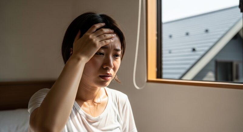 2階の部屋で屋根からの熱に困る若い女性