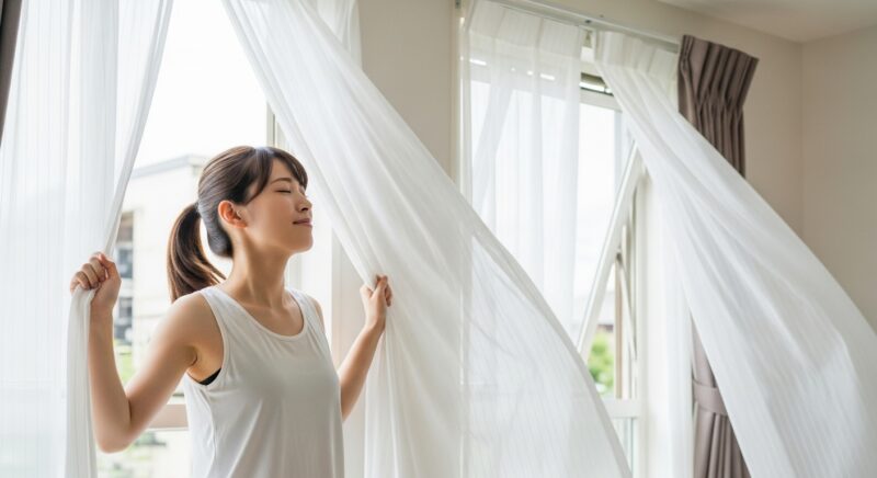 夏に2階の部屋で換気をする若い女性