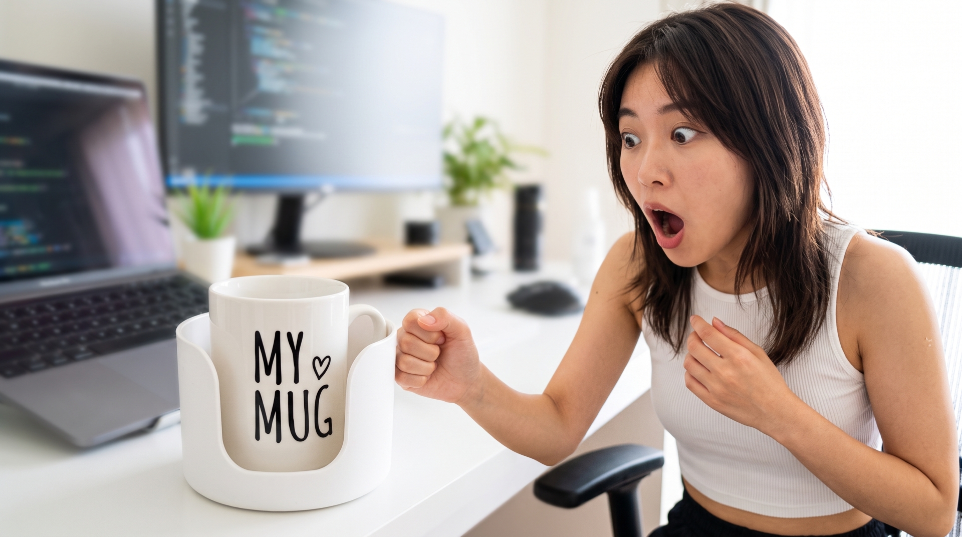 在宅ワークのデスクで、転倒防止コースターに入ったマグカップに手が当たり、目を見開いて驚いている若い女性。