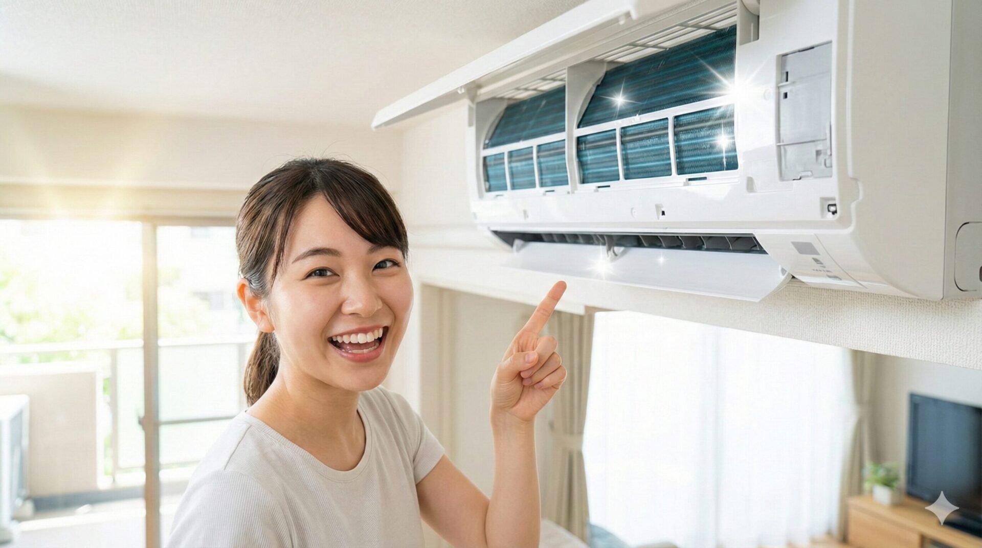 きれいになったエアコンを指差して笑顔を見せる若い女性