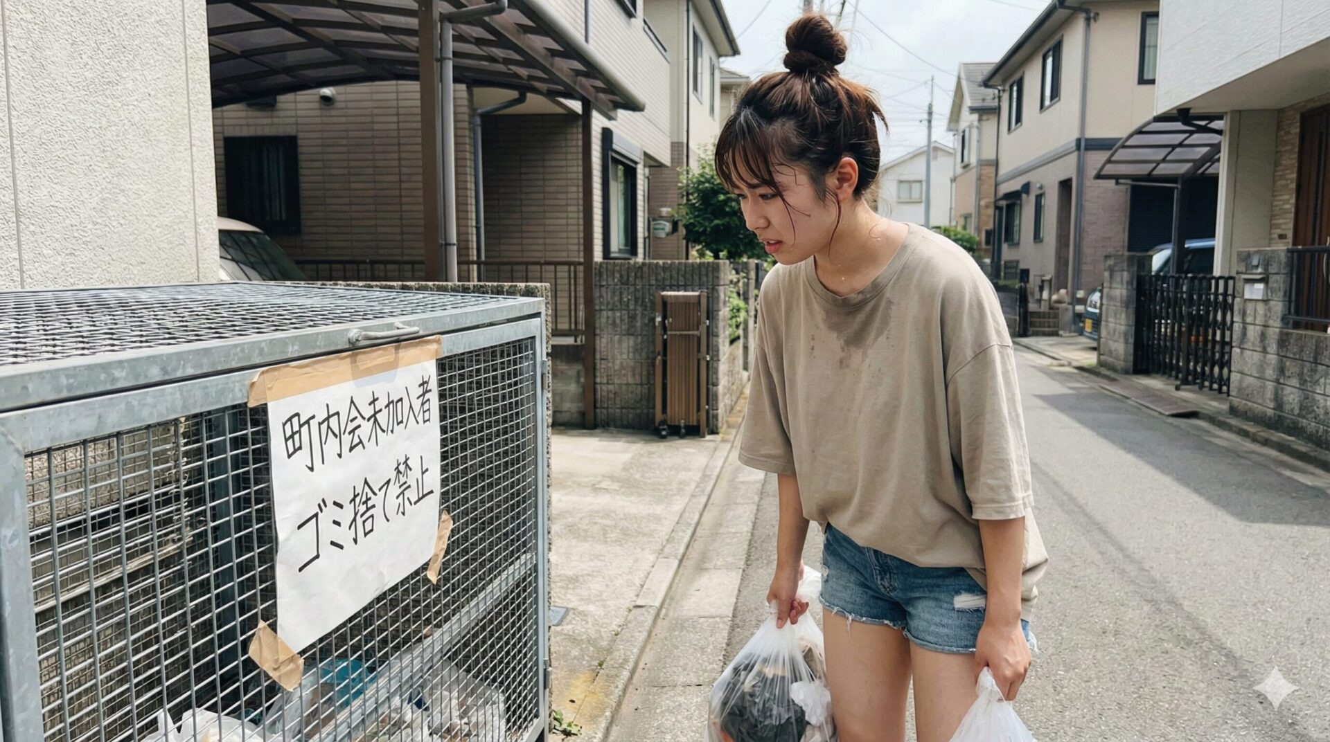 町内会未加入者のゴミ出し禁止の貼り紙を見つめる困り顔の女性