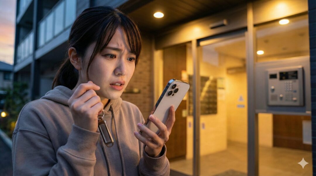 夕暮れのマンションオートロック前で、空のキーホルダーとスマホの緊急画面を見てパニックになっている日本人女性
