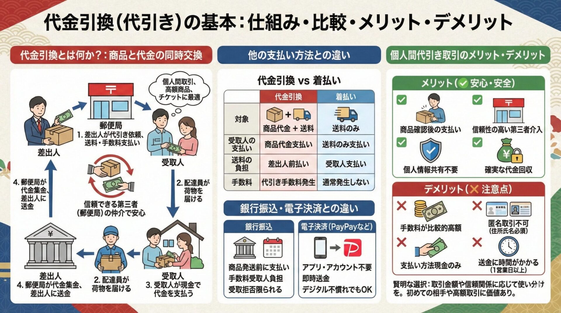 代金引換（代引き）の仕組み、他の支払い方法との比較、メリット・デメリットを解説したインフォグラフィック。