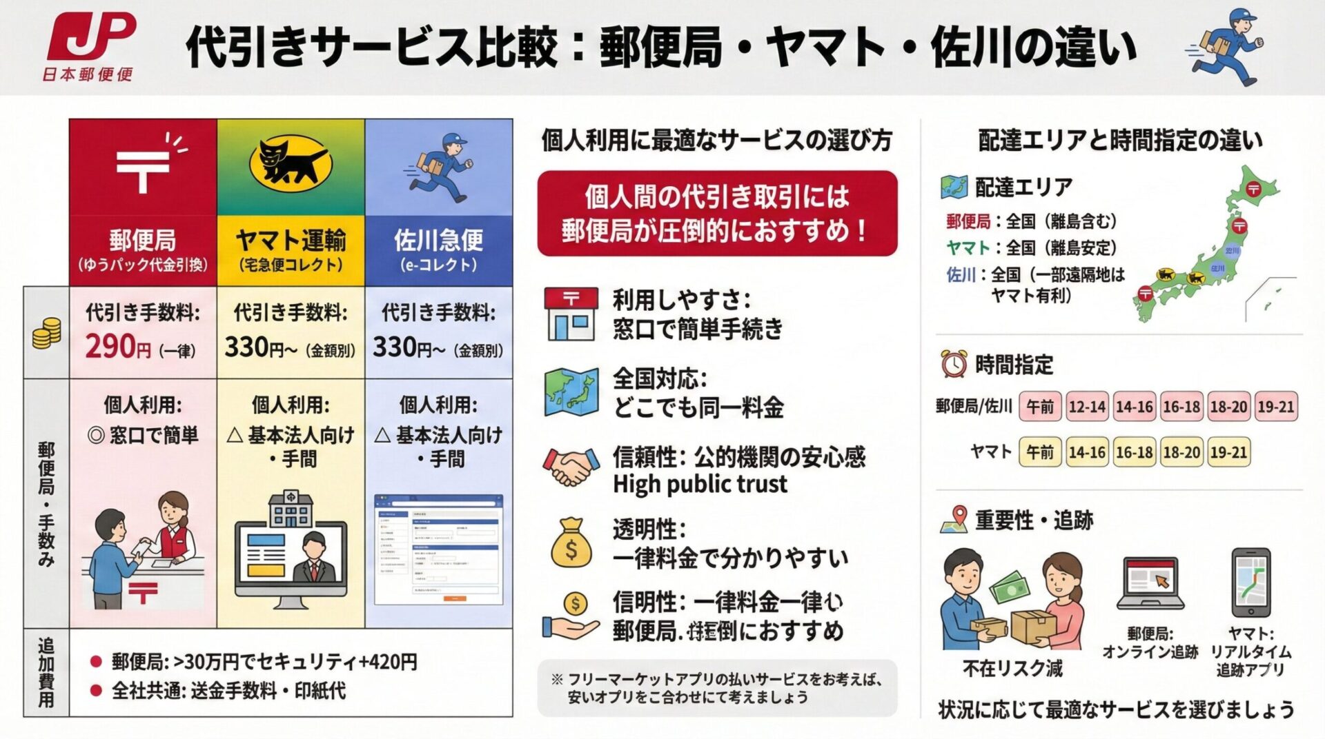 郵便局、ヤマト運輸、佐川急便の代引きサービスの手数料、個人利用のしやすさ、配達エリア、時間指定の違いなどを比較し、個人利用には郵便局がおすすめであることを解説したインフォグラフィック。
