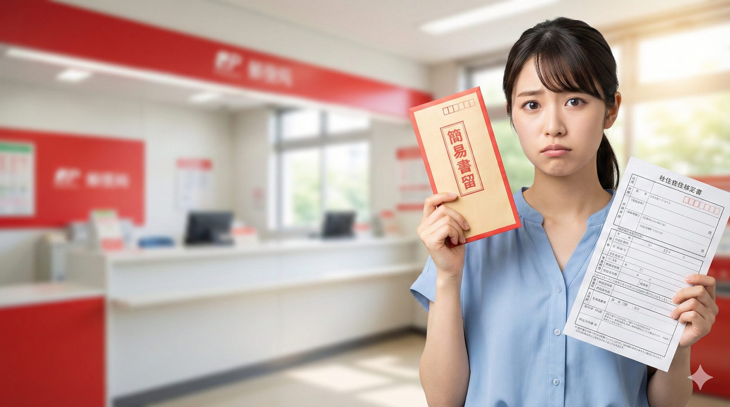 郵便局のカウンターを背景に、困った顔で「簡易書留」の封筒と転居届の用紙を持つ若い日本人女性