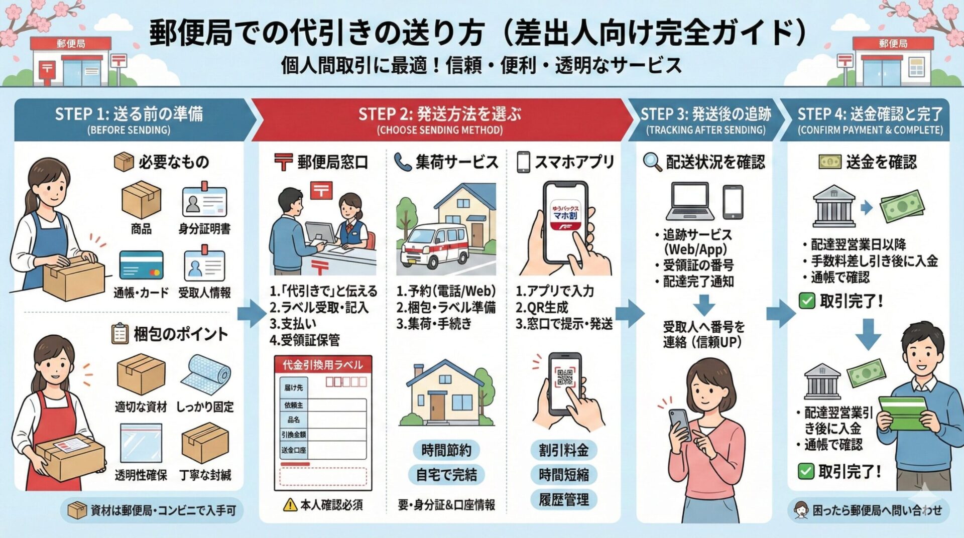 郵便局で代金引換（代引き）を利用して荷物を送る手順をまとめたインフォグラフィック。送る前の準備（梱包や必要書類）、3つの発送方法（窓口・集荷・スマホアプリ）、発送後の追跡、送金確認までの流れを4つのステップで図解している。