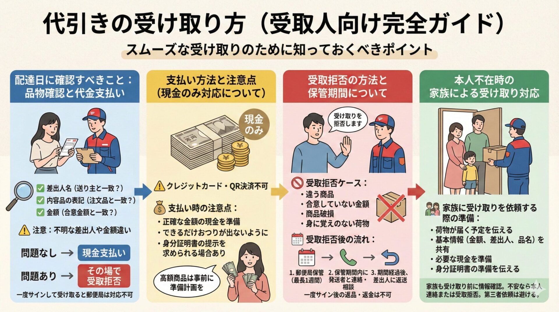 代金引換の荷物を受け取る際の完全ガイドをまとめたインフォグラフィック。配達時の確認事項、現金のみの支払い方法と注意点、受取拒否の手順と保管期間、本人不在時の家族による対応について、イラストとフローチャートで分かりやすく解説している。