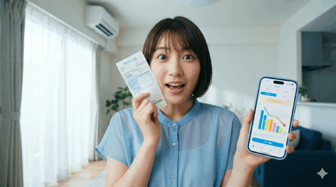 電気料金の請求書とコスト削減を示すグラフが表示されたスマートフォンを持ち、驚いた表情でカメラを見つめる若い日本人女性