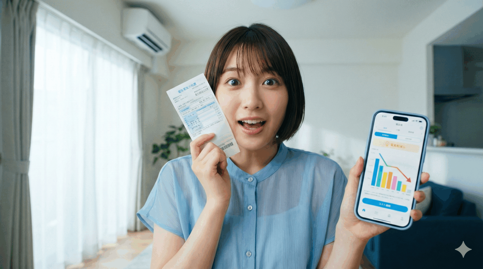 電気料金の請求書とコスト削減を示すグラフが表示されたスマートフォンを持ち、驚いた表情でカメラを見つめる若い日本人女性