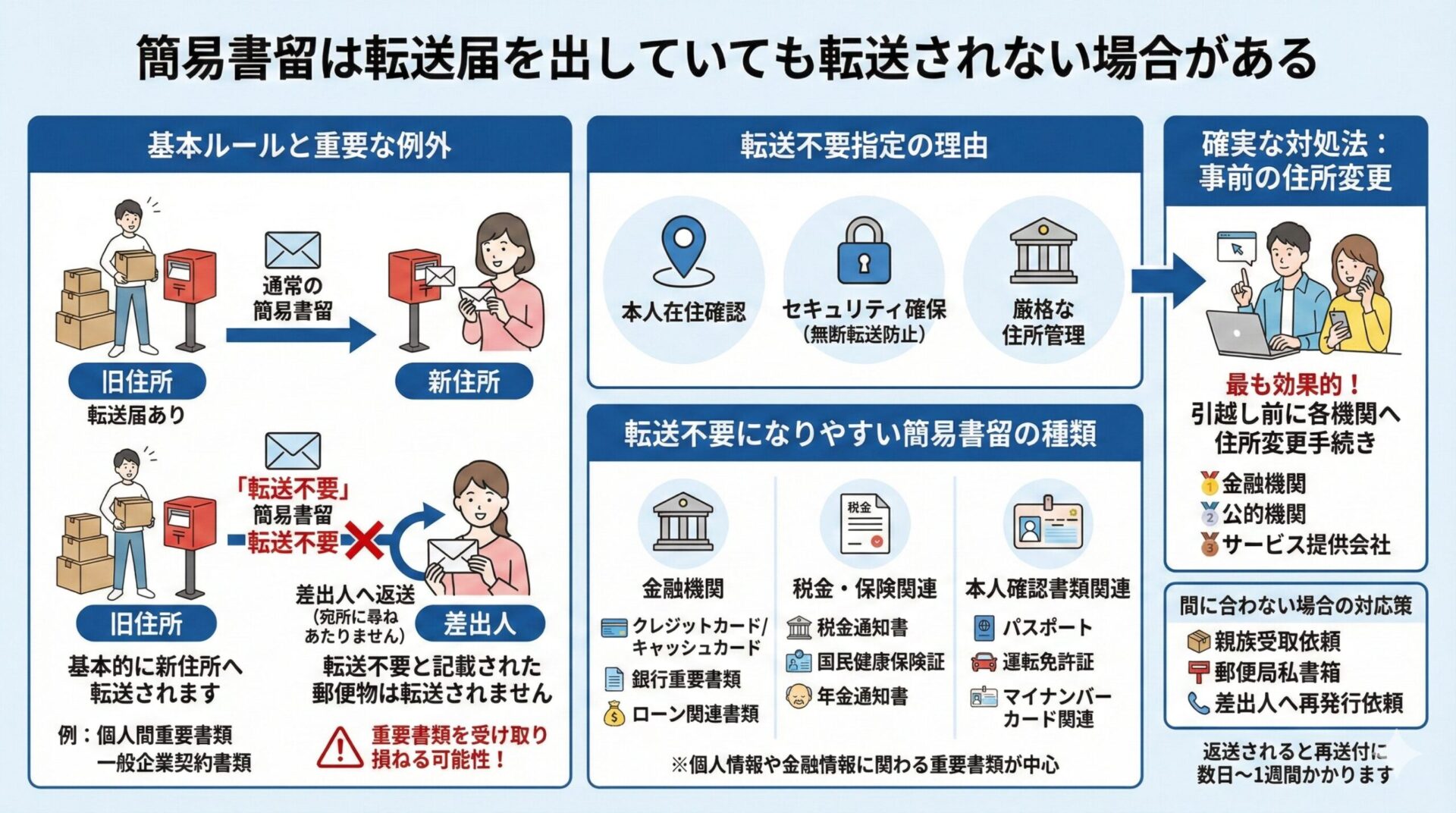 引越しで転送届を出しても「転送不要」と記載された簡易書留は転送されずに差出人へ返送される仕組み、その理由、対象となる主な重要書類、そして事前の住所変更という確実な対処法を解説したインフォグラフィック