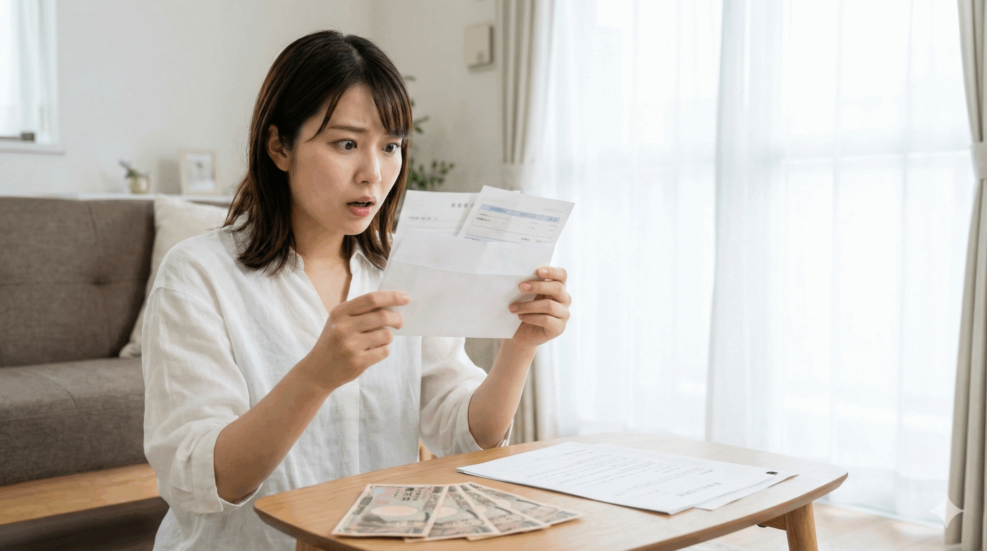 リビングのテーブルに置かれた一万円札と契約書の前で、請求書を手に持ち困惑した表情を浮かべる日本人女性