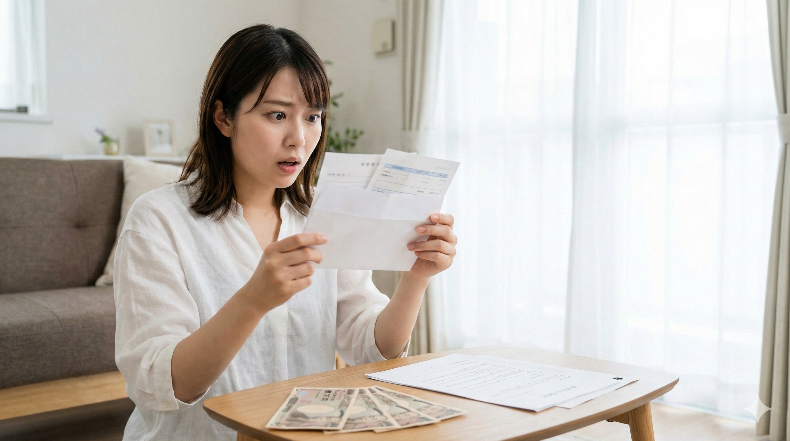 リビングのテーブルに置かれた一万円札と契約書の前で、請求書を手に持ち困惑した表情を浮かべる日本人女性