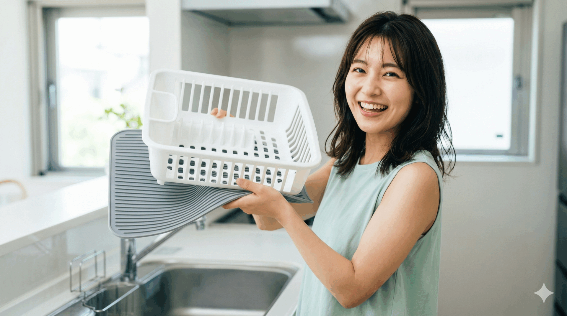 キッチンで、白い水切りかごとグレーの水切りマットを両手で持って、笑顔でカメラを見ている女性