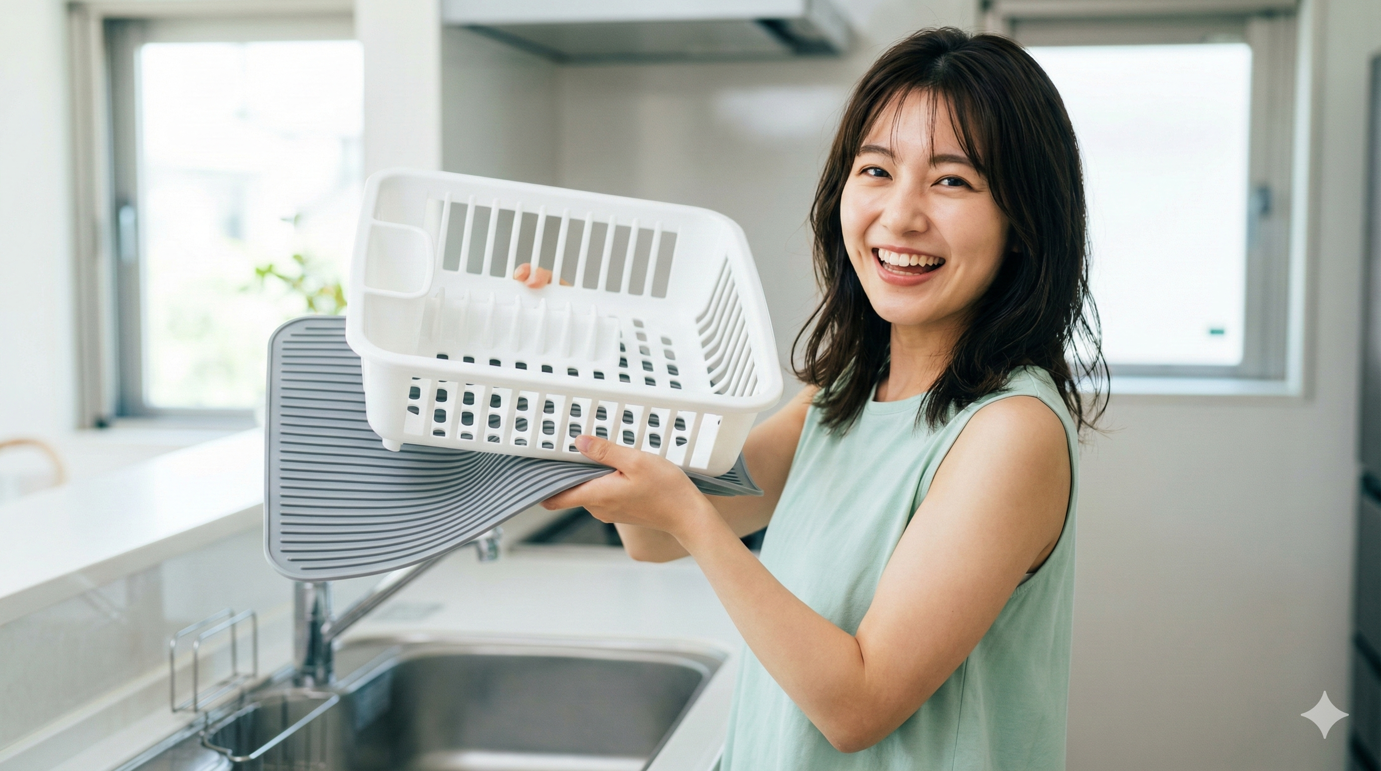 キッチンで、白い水切りかごとグレーの水切りマットを両手で持って、笑顔でカメラを見ている女性