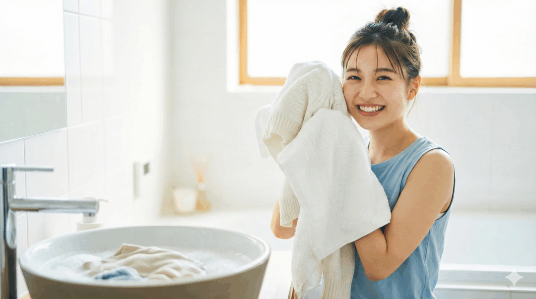 手洗いニットをタオルドライする笑顔の女性明るいバスルームで、手洗いした白いニットをタオルで包み、笑顔でカメラを見つめる若い日本人女性