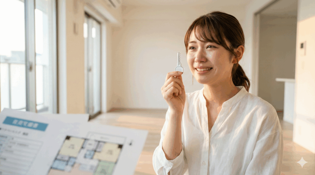 安堵の涙と希望 空っぽの新居で鍵を手にする女性 空っぽのアパートで、涙ぐみながら笑顔で鍵を持つ若い日本人女性。手前には間取り図が見える。