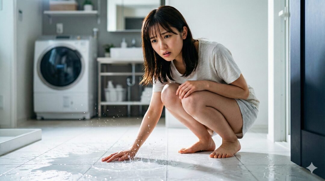 白いタイルの床に水たまりが広がり、心配そうな表情をした若い日本人女性がしゃがみ込んで水に手を触れている。水滴が跳ねており、背景には洗濯機とシンク