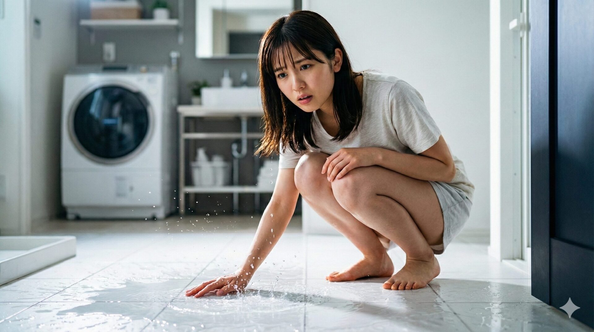 白いタイルの床に水たまりが広がり、心配そうな表情をした若い日本人女性がしゃがみ込んで水に手を触れている。水滴が跳ねており、背景には洗濯機とシンク