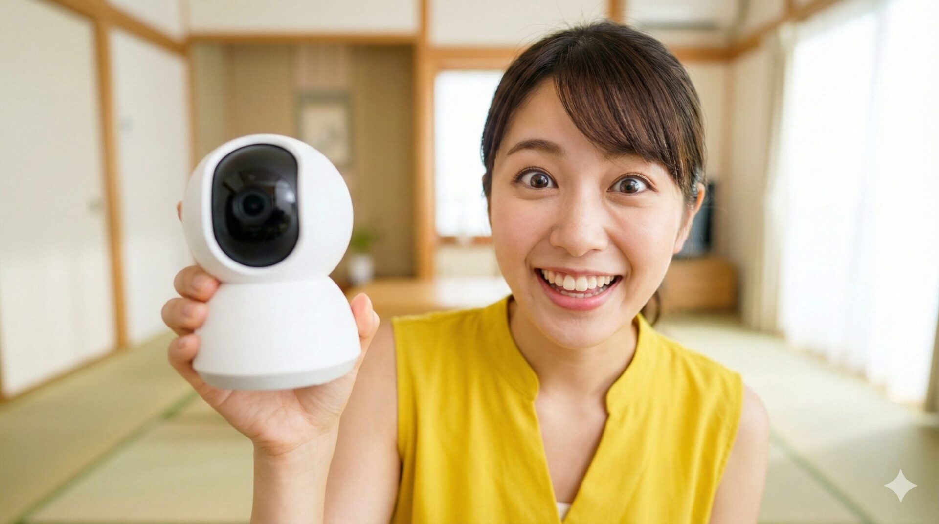 驚いたような笑顔で白いドーム型の見守りカメラを視聴者に向けて持つ、黄色い服を着た若い日本人女性。