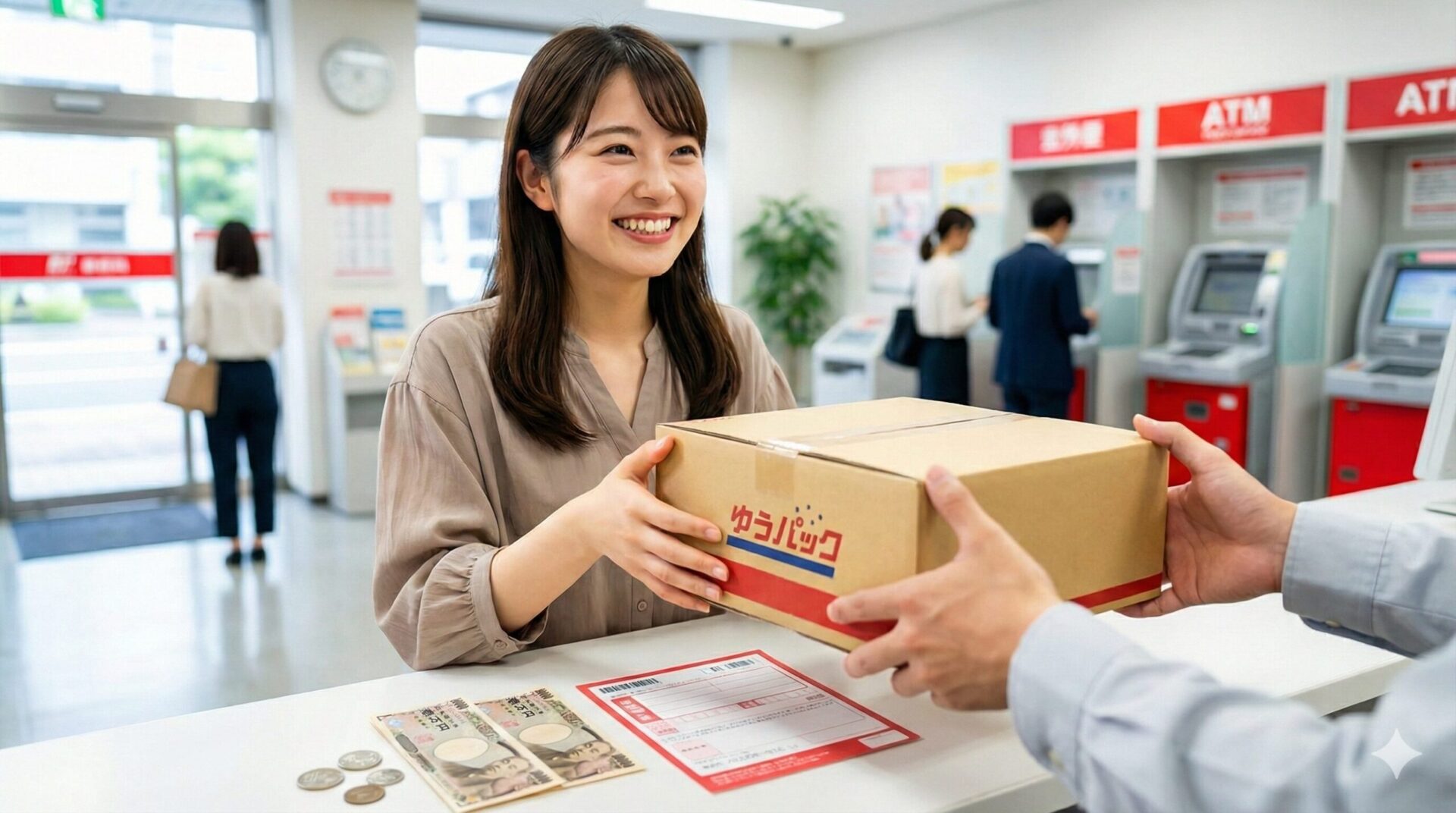 郵便局の窓口で、笑顔の女性が「ゆうパック」の箱を局員に渡し、カウンターには現金と伝票がある。