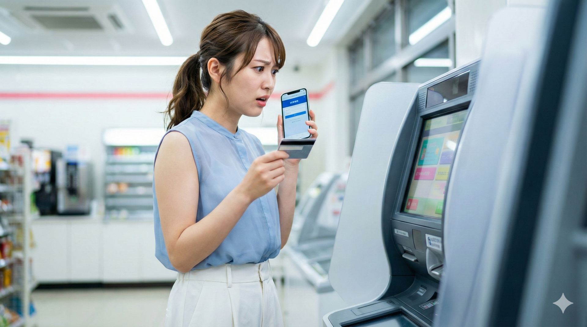 コンビニのATMの前で、困った顔でスマートフォンとキャッシュカードを見比べる若い女性
