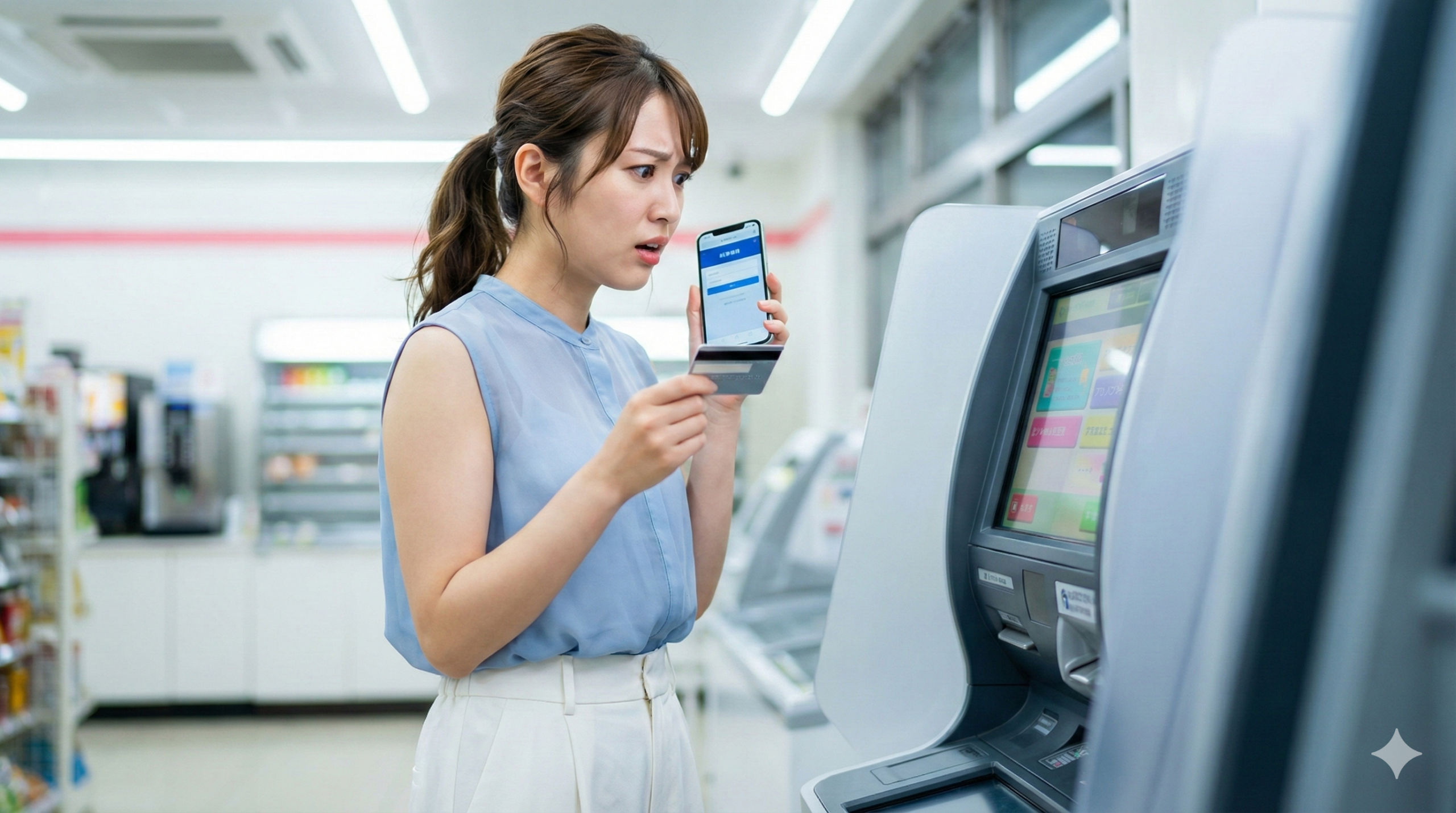 コンビニのATMの前で、困った顔でスマートフォンとキャッシュカードを見比べる若い女性