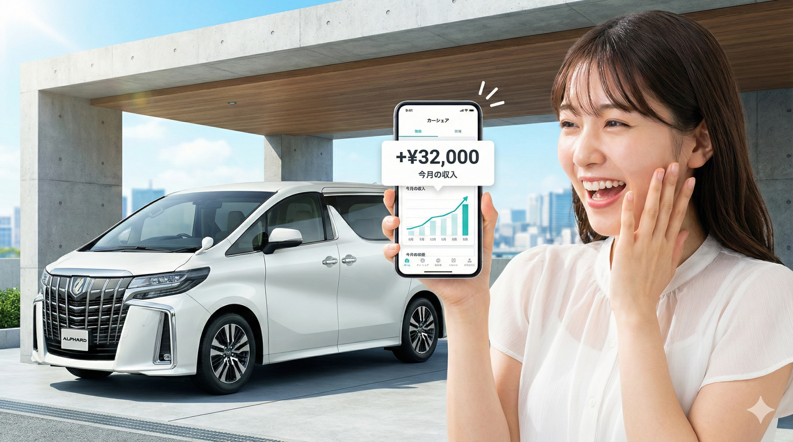 カーシェアアプリで3万2千円の収入通知を見て驚き喜ぶ女性と、背景の白いアルファード