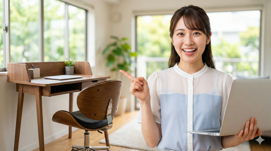 笑顔でノートパソコンを持ち在宅ワーク用デスクを指差す日本人女性 明るい部屋でノートパソコンを持ち、整頓された木製デスクとチェアを笑顔で指差す若い日本人女性。