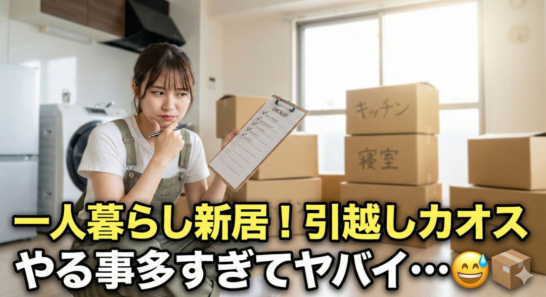 引っ越し中の空っぽのアパートで、段ボール箱に囲まれてチェックリストを見ながら困った表情をする若い日本人女性。背景には冷蔵庫と洗濯機が見える