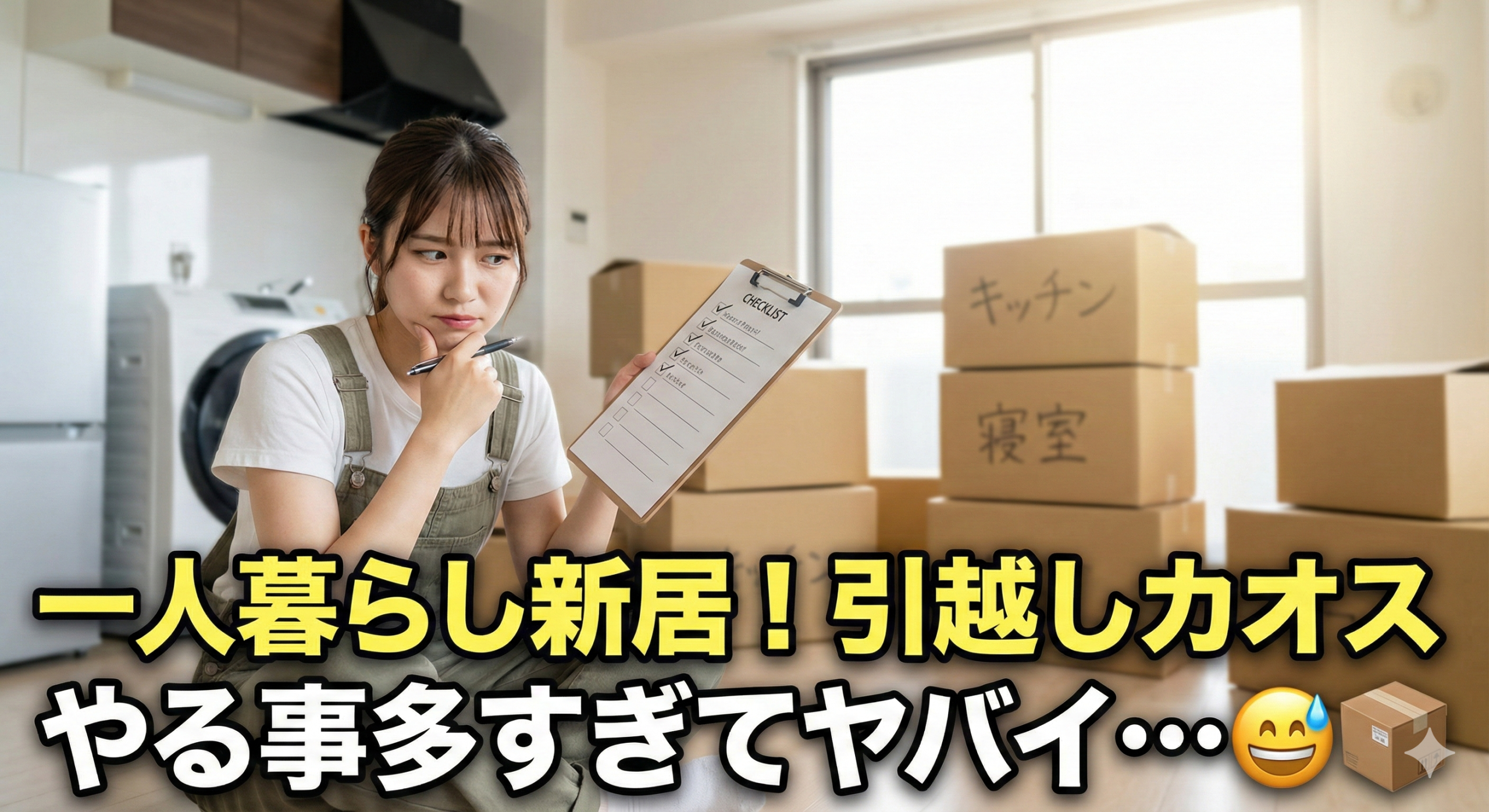 引っ越し中の空っぽのアパートで、段ボール箱に囲まれてチェックリストを見ながら困った表情をする若い日本人女性。背景には冷蔵庫と洗濯機が見える