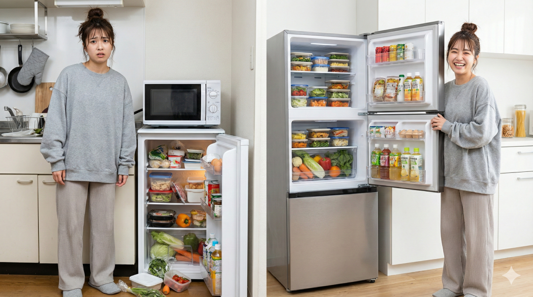 小さな冷蔵庫と大きな冷蔵庫の整理整頓ビフォーアフター 左右分割画面。左は散らかった小さな冷蔵庫の前で困惑する女性、右は整頓された大きな冷蔵庫の前で笑顔の女性。