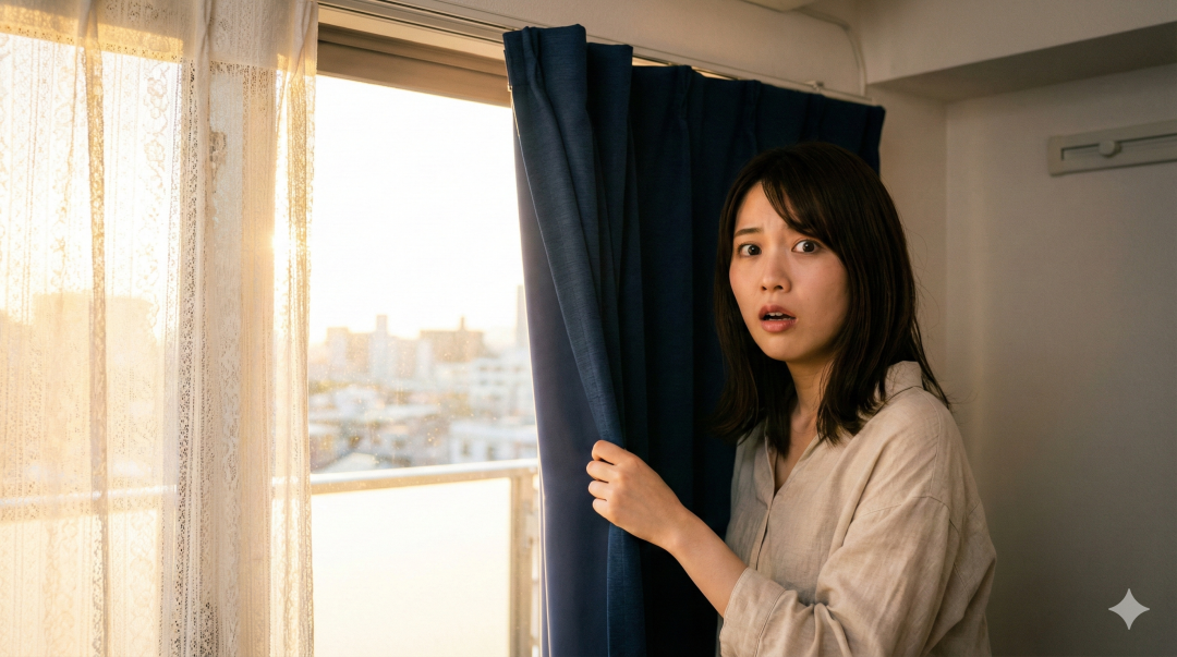 夕暮れの街を見て驚く女性のサムネイル 暗い部屋のカーテンから、夕暮れの明るい街並みを覗き見て、驚いた表情をしている若い日本人女性