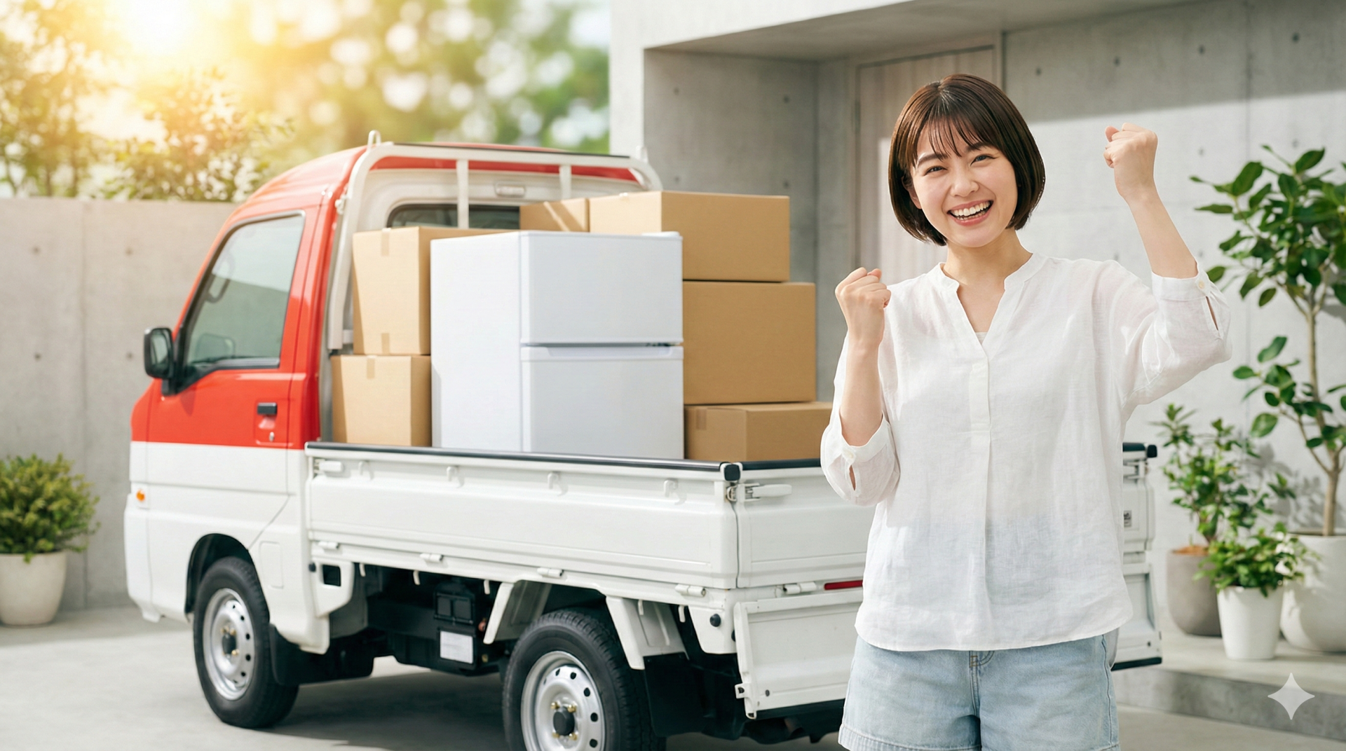 赤帽軽トラックで引っ越し完了を喜ぶ女性と積荷の段ボールと冷蔵庫 赤帽の軽トラックの荷台に冷蔵庫や段ボールが積まれ、その前で笑顔でガッツポーズをする若い女性。