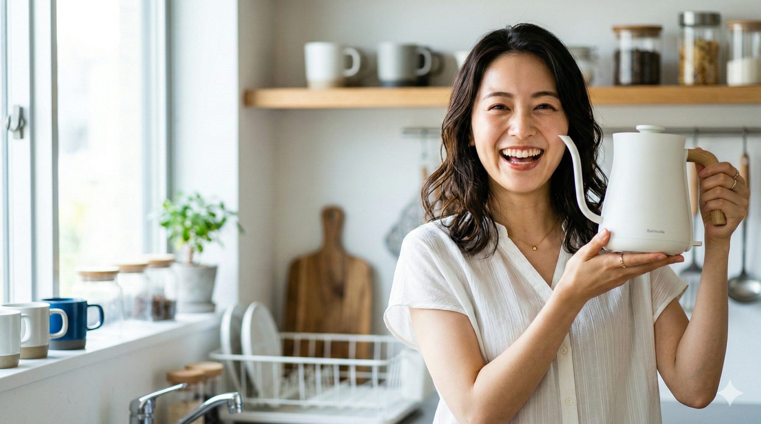 明るいキッチンで電気ケトルを手に笑顔の女性 整理整頓された明るいキッチンで、白い電気ケトルを両手で持って笑顔を見せる若い女性