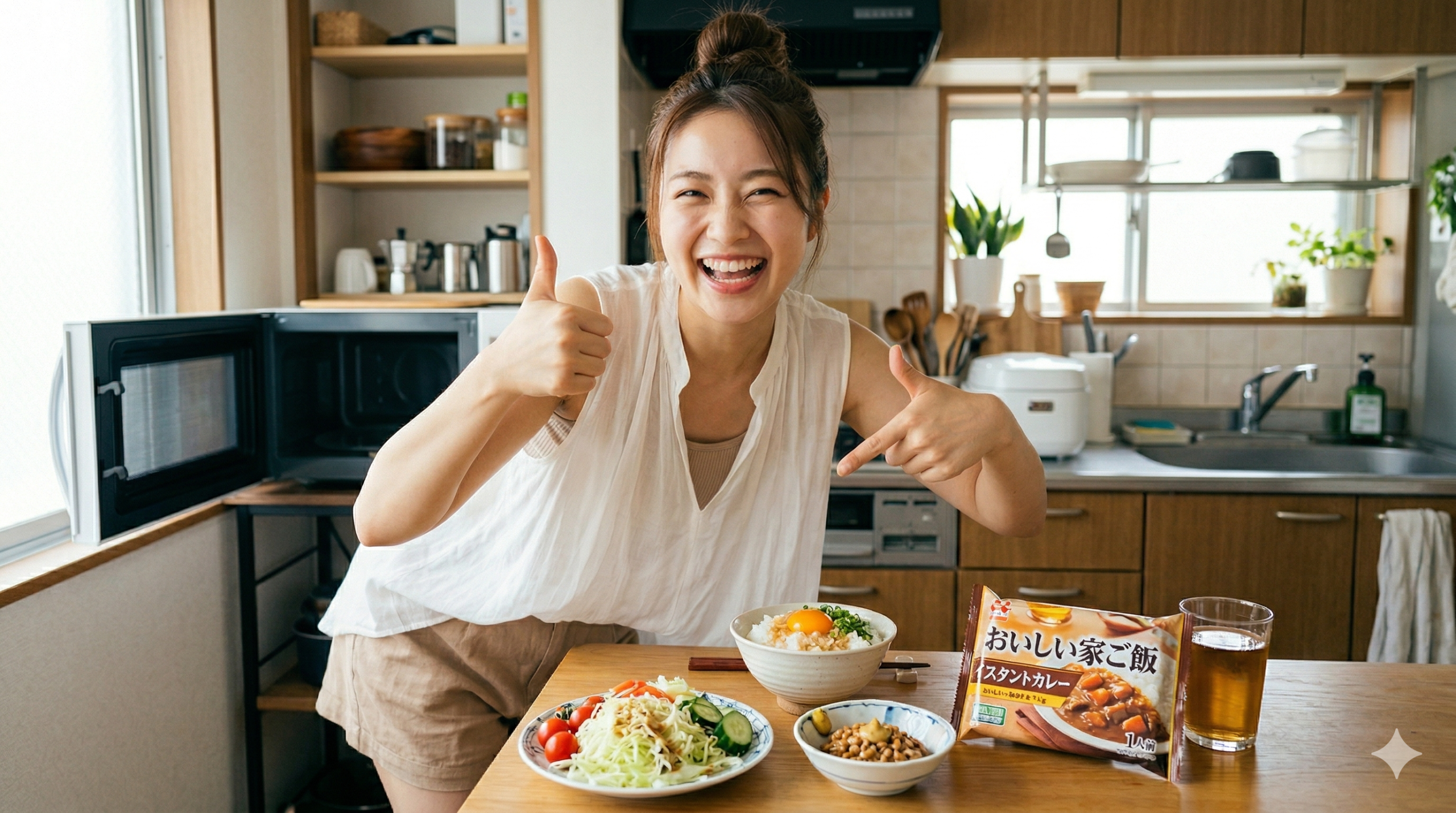 アパートのキッチンで元気な日本人女性が半自炊の食事を指さす 明るいキッチンで、シアー素材の夏服を着た日本人女性が、喜びの表情で親指を立て、テーブル上の食事(卵かけご飯、納豆、野菜サラダ、冷凍食品パッケージ)を指さしている