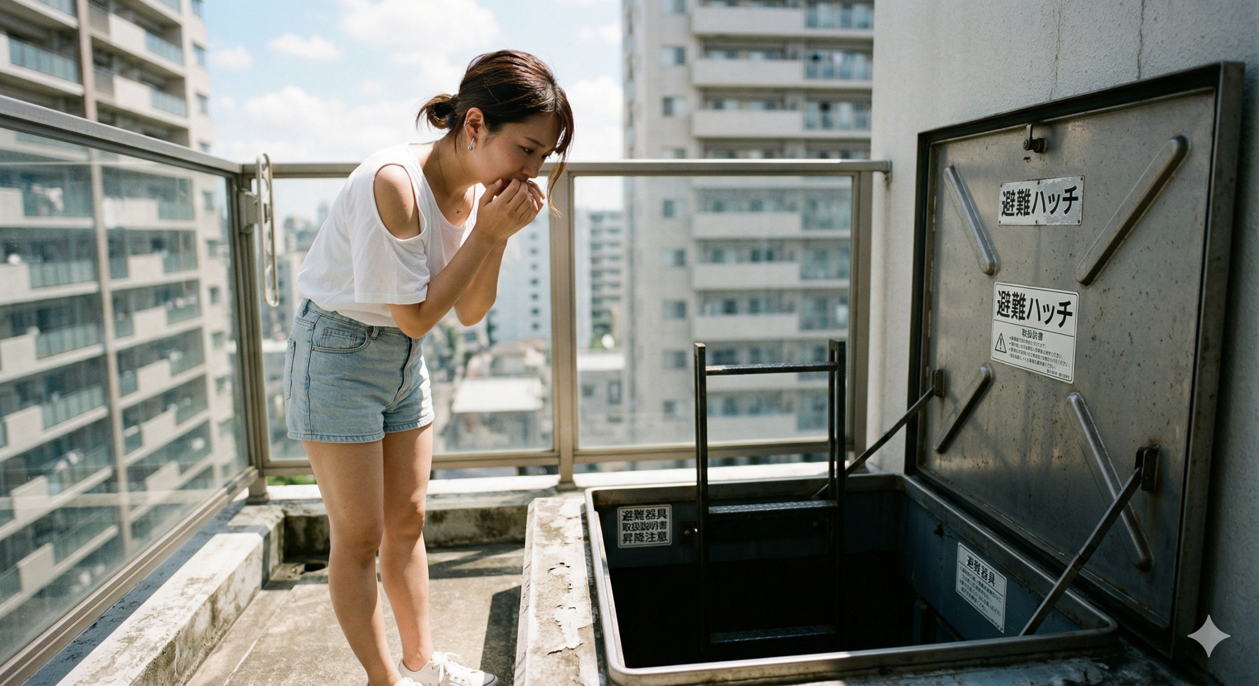 マンションのベランダで、開いた避難ハッチの中を心配そうに見下ろす女性