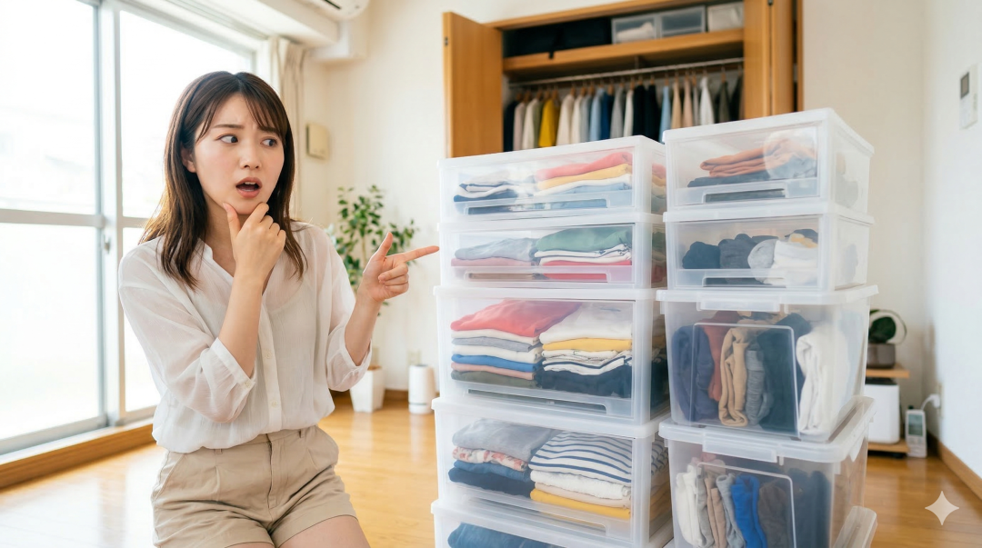 部屋で膝立ちになり、大量の服が詰まった透明なプラスチック製の衣装ケースを指さしながら、困惑した表情を浮かべる女性。背景には開いたクローゼットが見える。