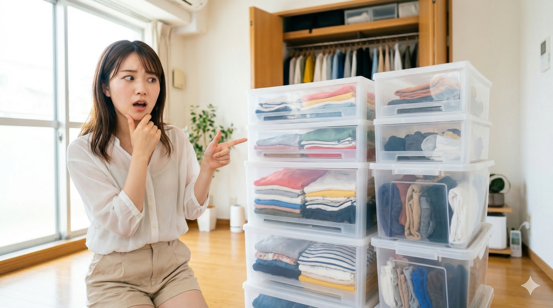 部屋で膝立ちになり、大量の服が詰まった透明なプラスチック製の衣装ケースを指さしながら、困惑した表情を浮かべる女性。背景には開いたクローゼットが見える。