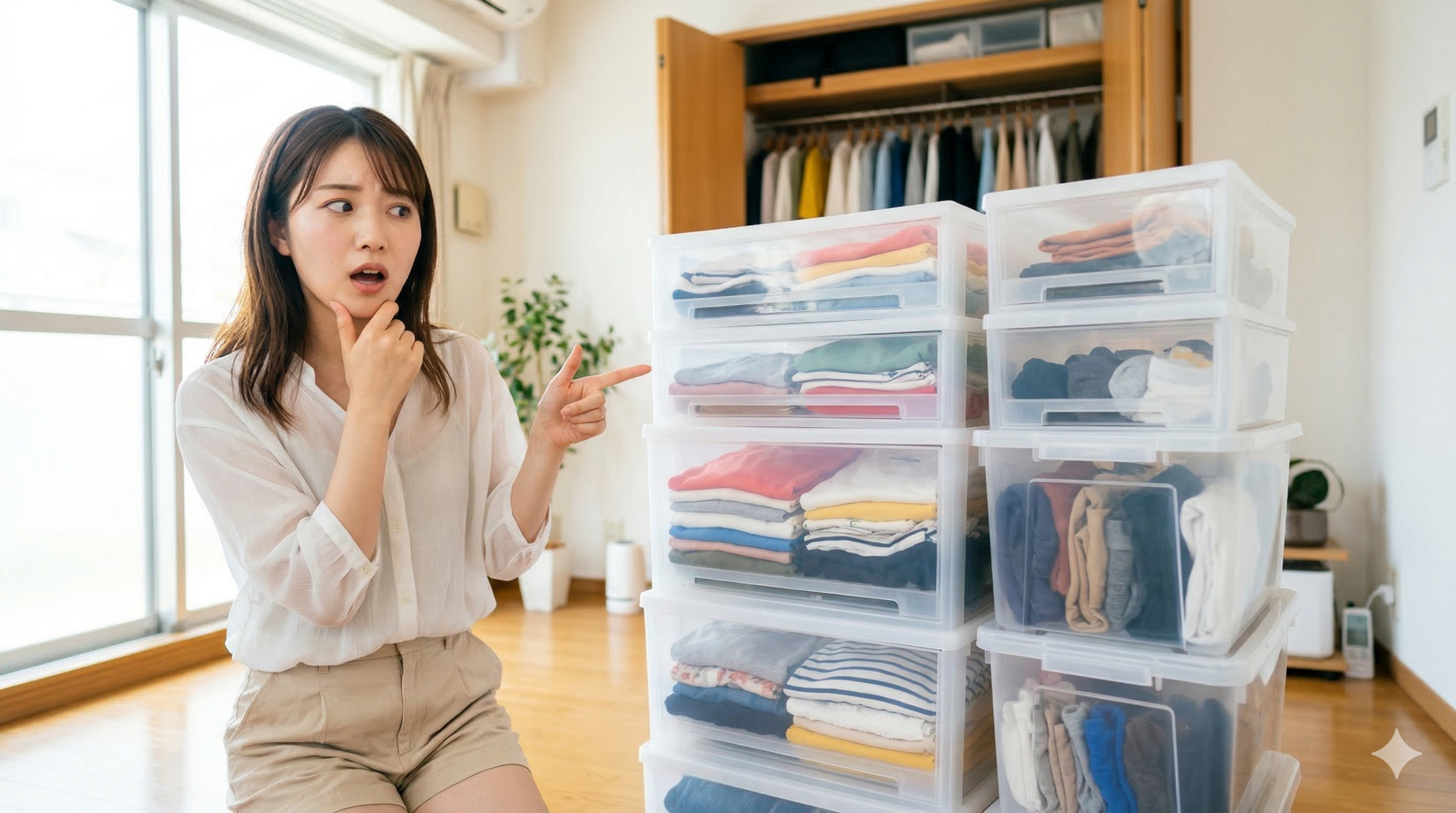 部屋で膝立ちになり、大量の服が詰まった透明なプラスチック製の衣装ケースを指さしながら、困惑した表情を浮かべる女性。背景には開いたクローゼットが見える。