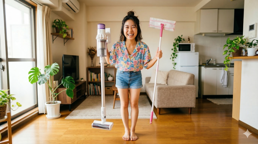 日当たりの良いリビングルームで、花柄のシャツを着た笑顔の女性が、コードレス掃除機とフロアワイパーを両手に持って立っています