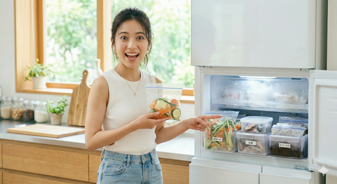 笑顔の女性が指さすエコでスマートな冷凍庫収納 笑顔の女性が、野菜くずが入った袋を手に持ち、整頓された冷凍庫を指さしている