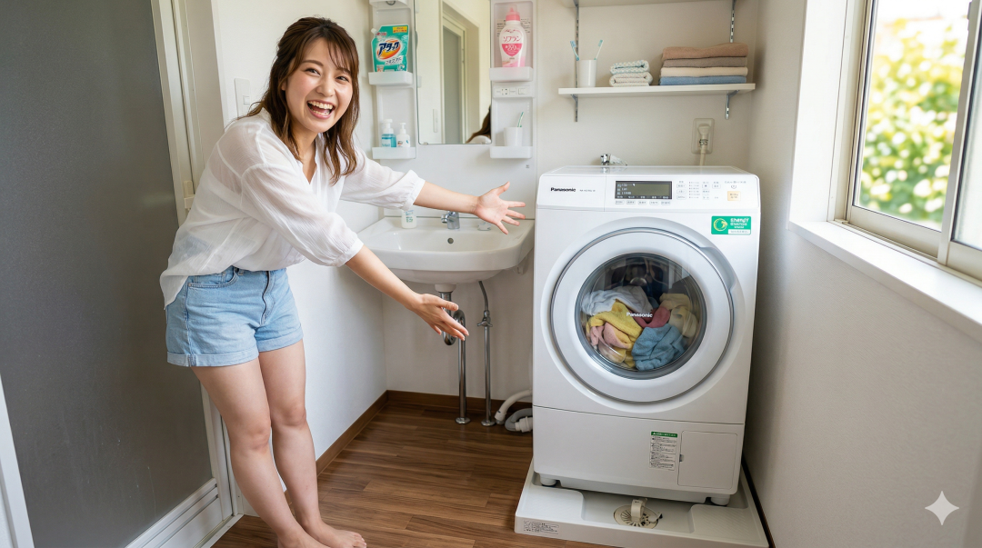 日本のアパートの洗面所で、ドラム式洗濯乾燥機を指さして満面の笑みを浮かべる若い女性。
