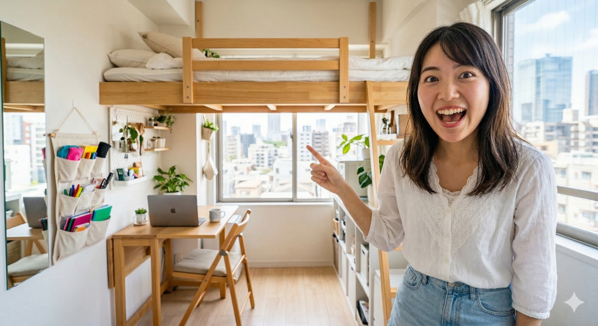 東京の快適なロフト付きワンルームでの日本人女性 東京のロフト付き狭小アパートで、笑顔で指差す日本人女性。窓の外には都会の景色が広がる