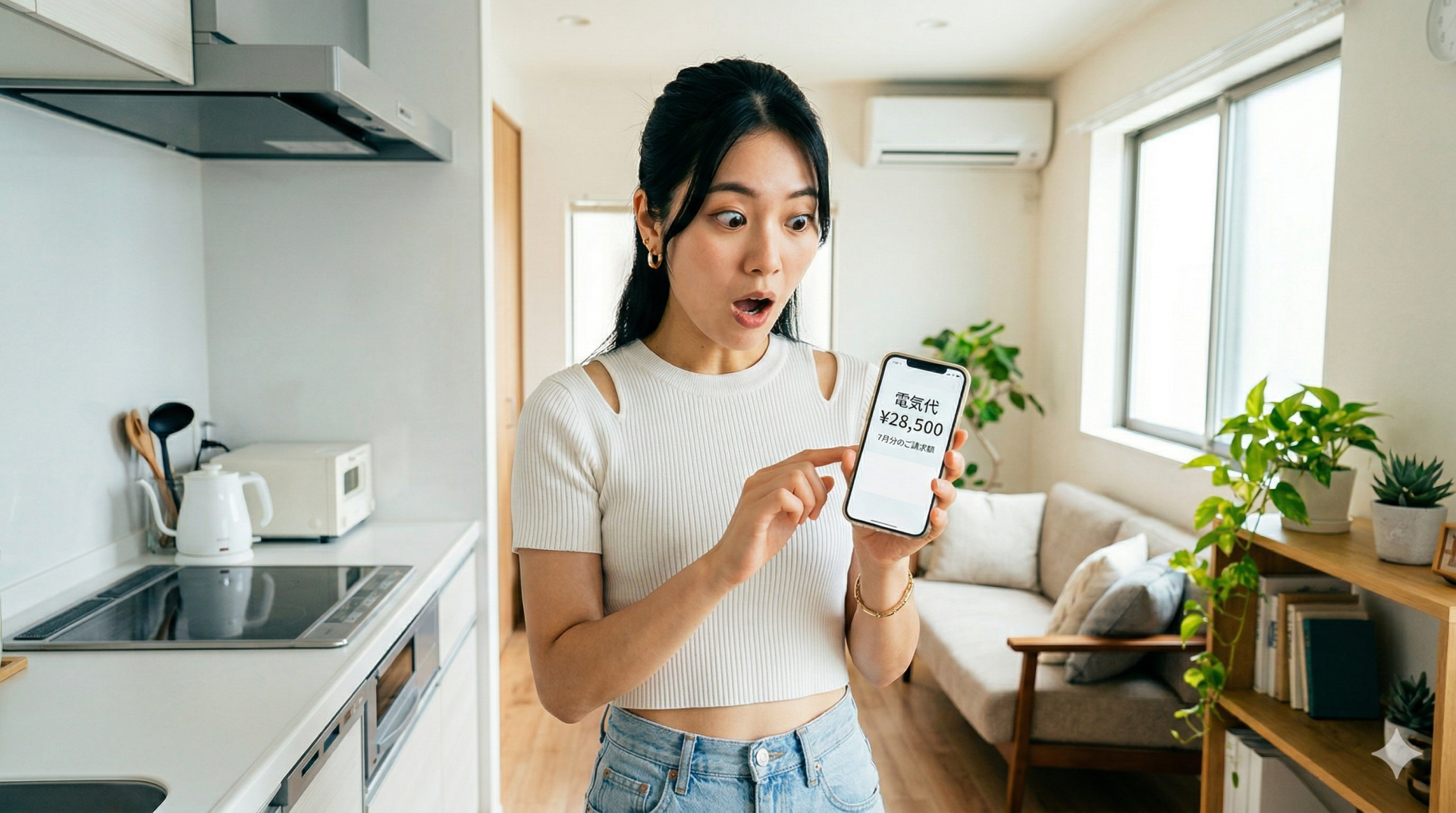 日本の賃貸アパートで、スマートフォンに表示された7月分の高額な電気代「¥28,500」を見て、驚いた表情で口を開けている若い日本人女性。
