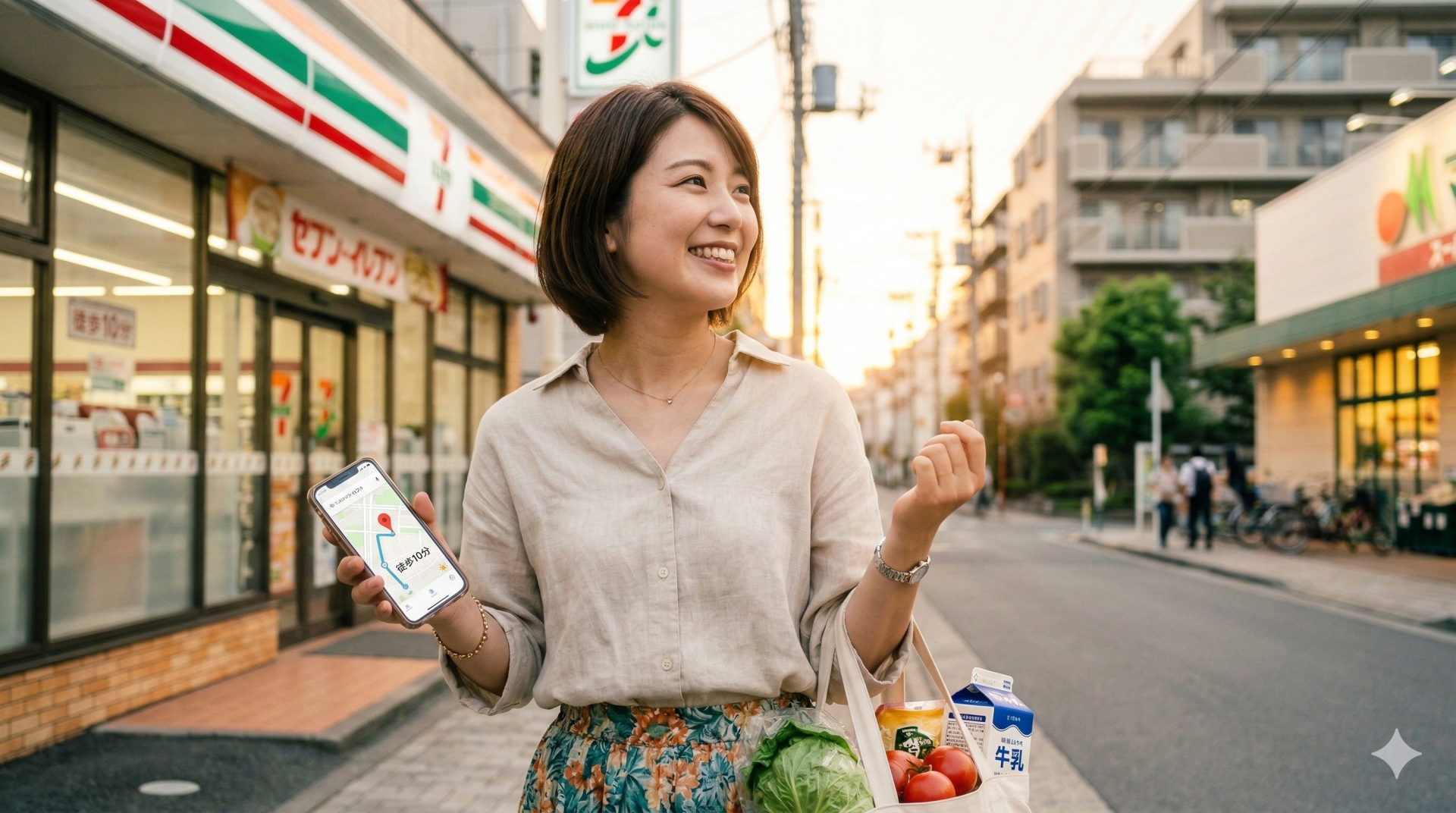 夕暮れの日本の街並みで、スマートフォンと買い物バッグを持って笑顔で歩く日本人女性。背景にセブン-イレブンとマルエツ
