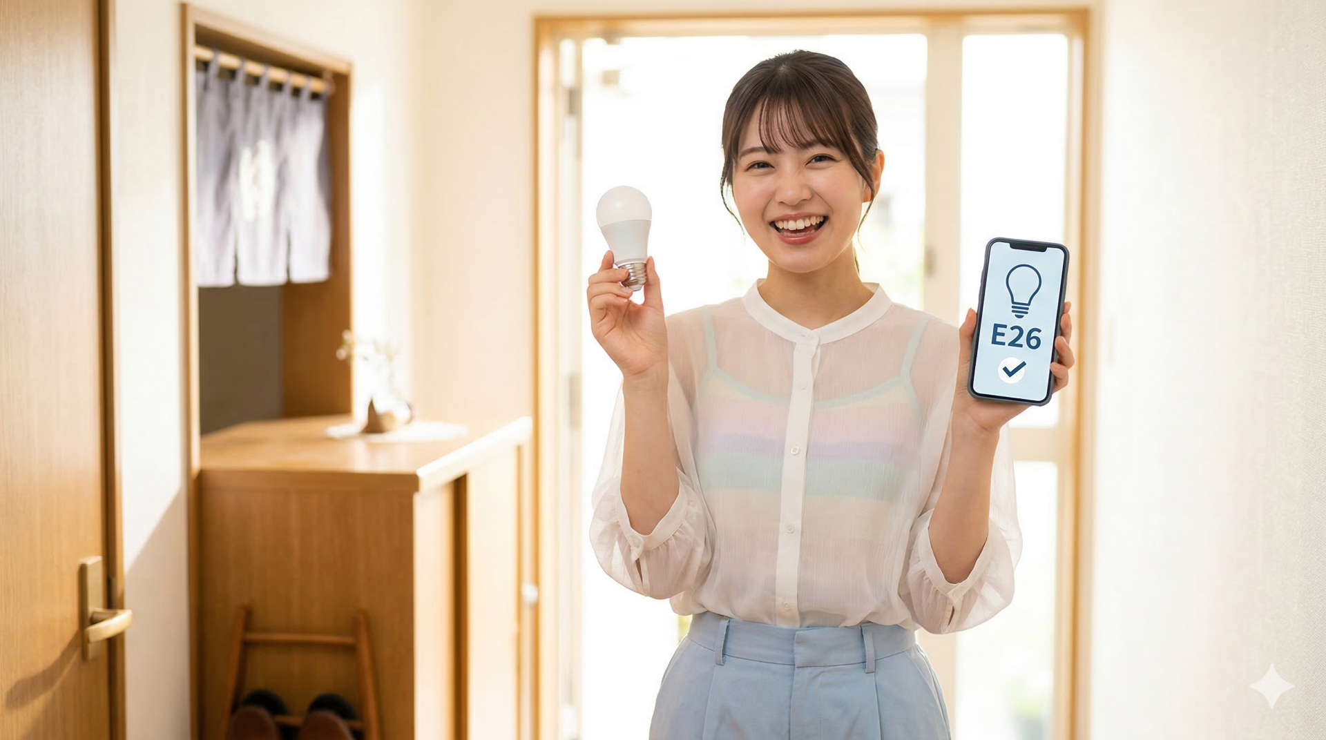 アパートの玄関で新しいLED電球とスマートフォンのE26サイズ確認画面を笑顔で見せる女性