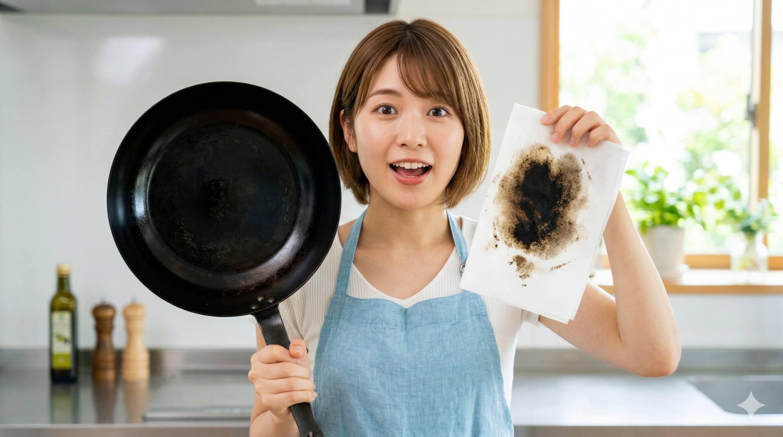 鉄フライパンを拭いてキッチンペーパーの黒い汚れに驚く日本人女性 エプロン姿の若い日本人女性が、焦げ目のついた鉄フライパンと、拭き取った濃い黒い汚れが付いたキッチンペーパーを手に、驚きと発見の表情で明るいキッチンに立っている様子