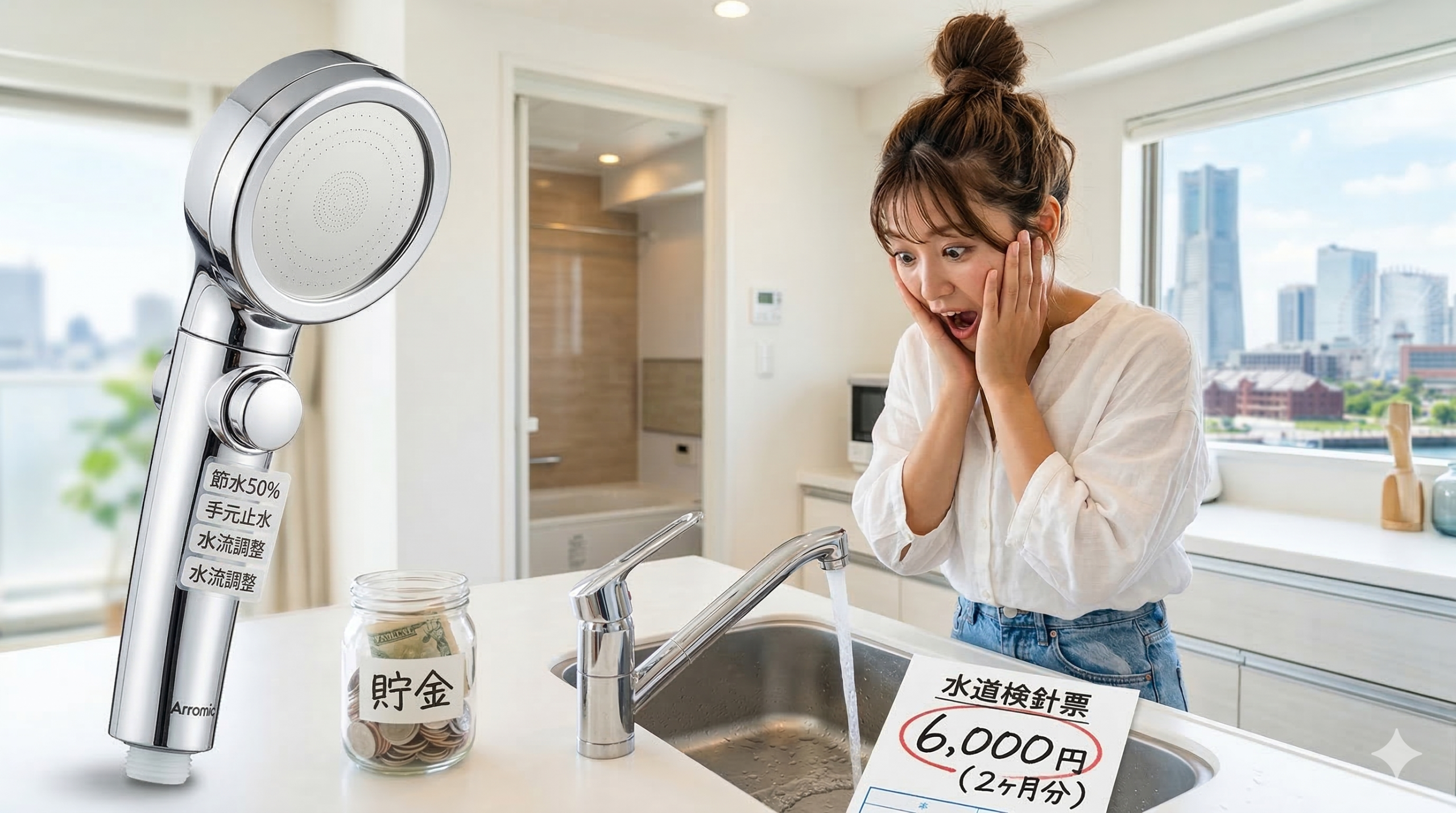 高額水道代への驚きと節水シャワーヘッドという解決策明るいキッチンで高額な水道代（6,000円）に驚く日本人女性。手前には「節水50%」などのステッカーが貼られた節水シャワーヘッドと小銭瓶がある