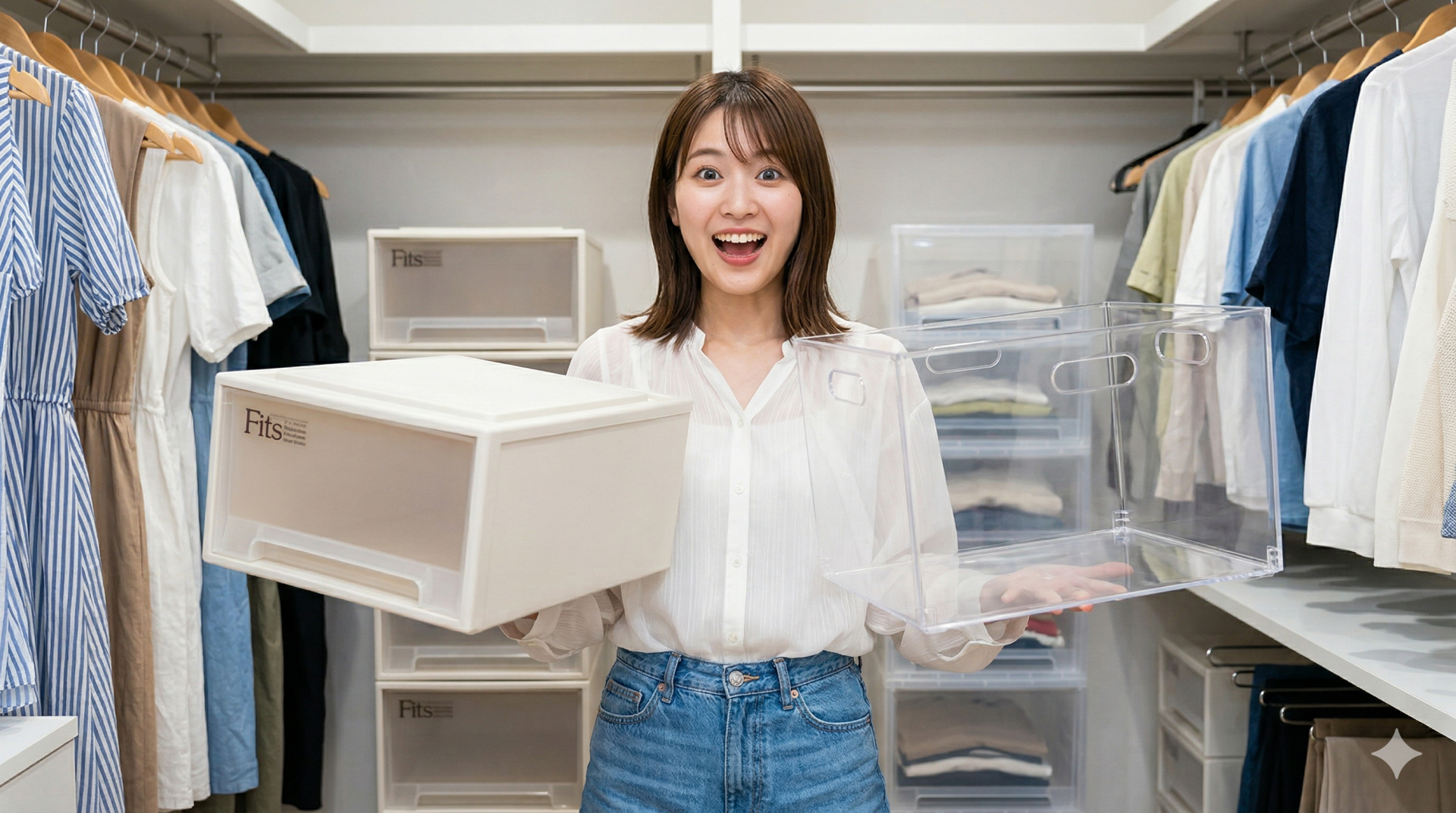 明るいクローゼットで、日本人女性が手にフィッツケースとニトリの透明収納ケースを持って、驚いた表情で比較しています