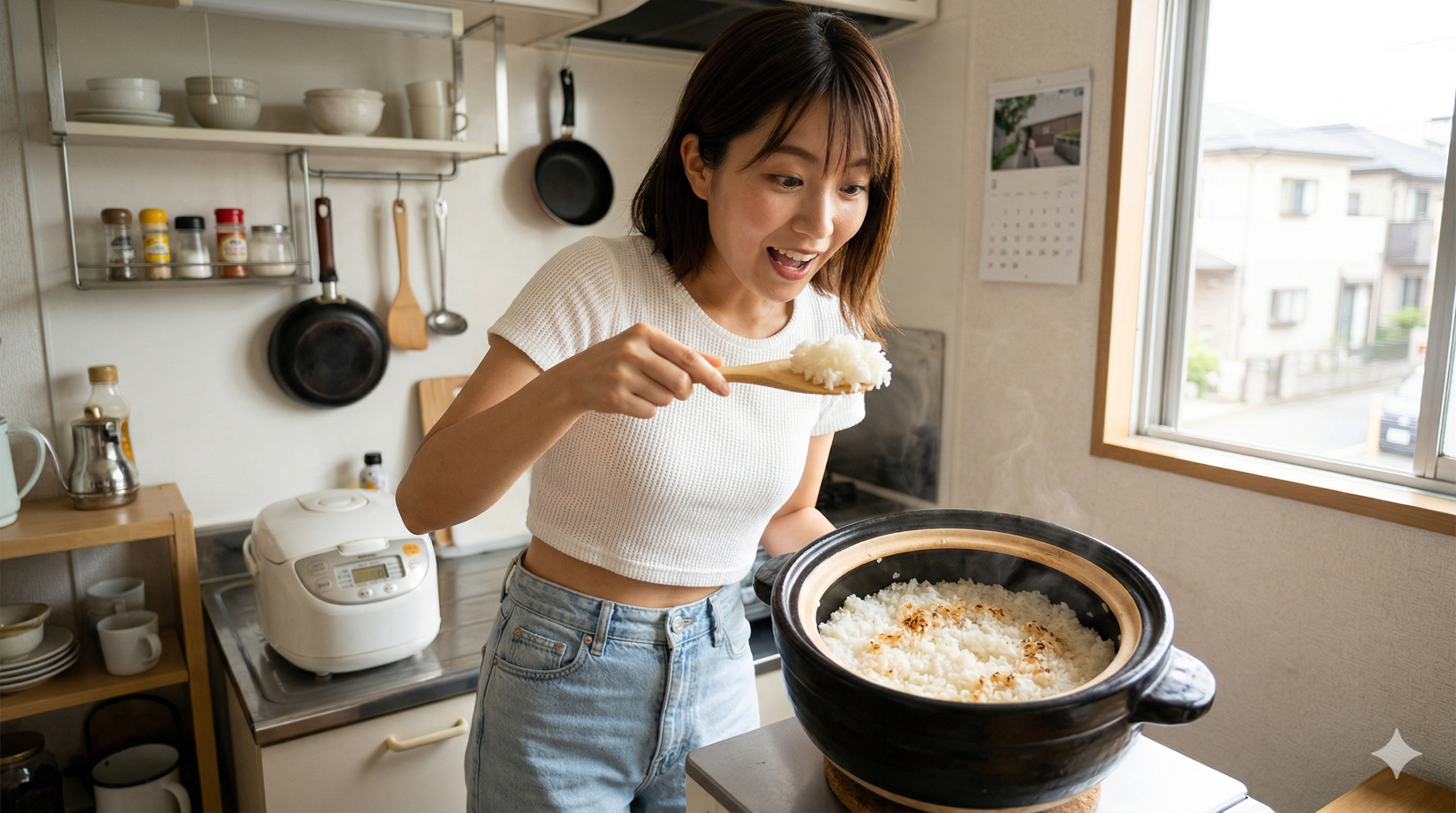 明るいキッチンで、土鍋で炊き上がったご飯をしゃもじですくって嬉しそうに驚く若い女性。背景には使われていない炊飯器が置かれている。
